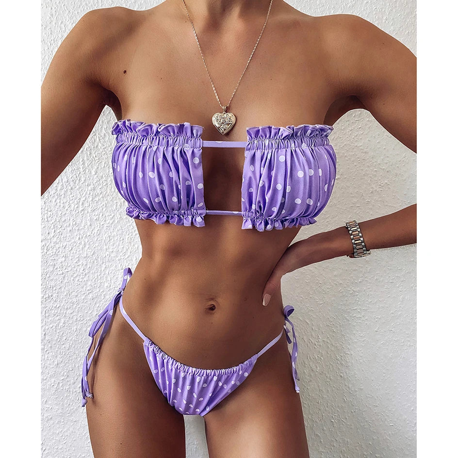 Sexy Bikini 2023 Pleated Bandeau Swimsuit Female Swimwear Women Mini Thong Bikini Set Bather Swimming Beachwea — view 23
