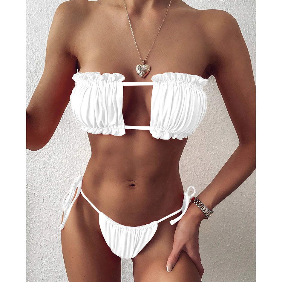 Sexy Bikini 2023 Pleated Bandeau Swimsuit Female Swimwear Women Mini Thong Bikini Set Bather Swimming Beachwea — view 18