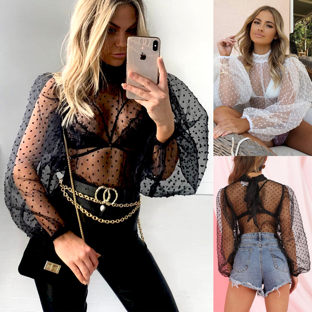 Summer Sexy Thin Mesh Women Polka Dot Sheer See-through Tops Bikini Cover-Ups Puff Long Sleeve Blouse Shirts B — view 6