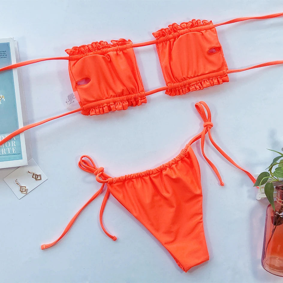 Sexy Bikini 2023 Pleated Bandeau Swimsuit Female Swimwear Women Mini Thong Bikini Set Bather Swimming Beachwea — view 28