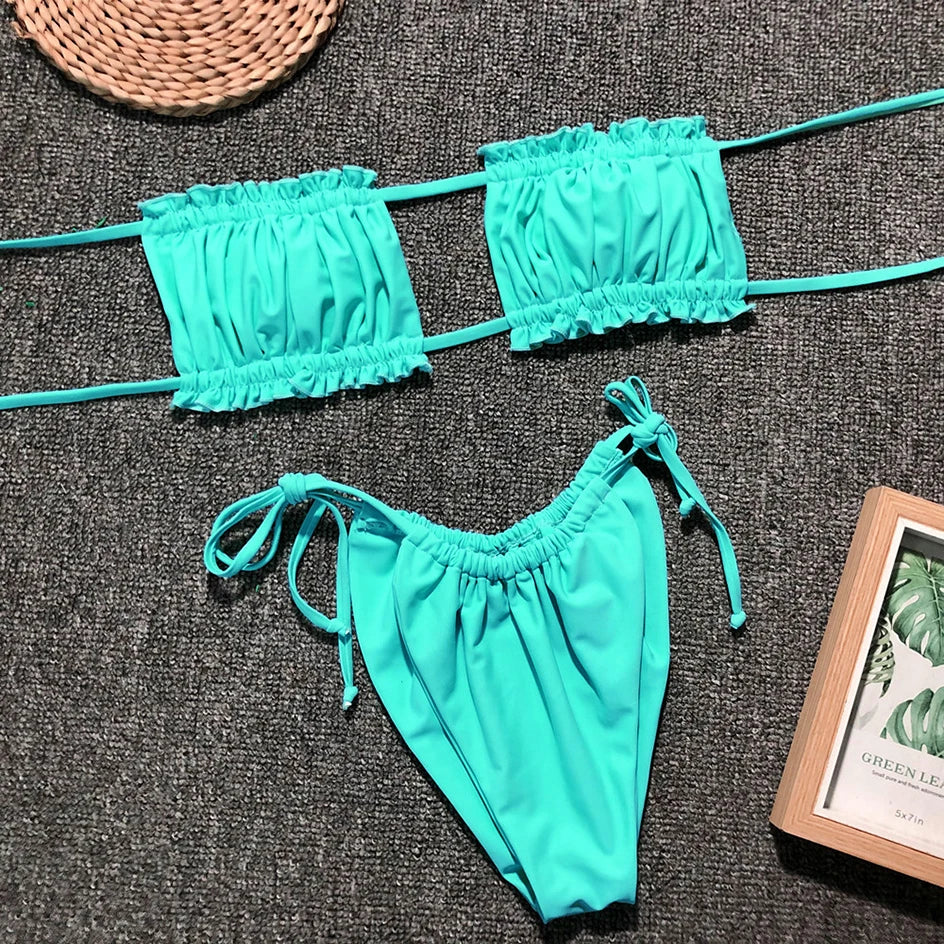 Sexy Bikini 2023 Pleated Bandeau Swimsuit Female Swimwear Women Mini Thong Bikini Set Bather Swimming Beachwea — view 30