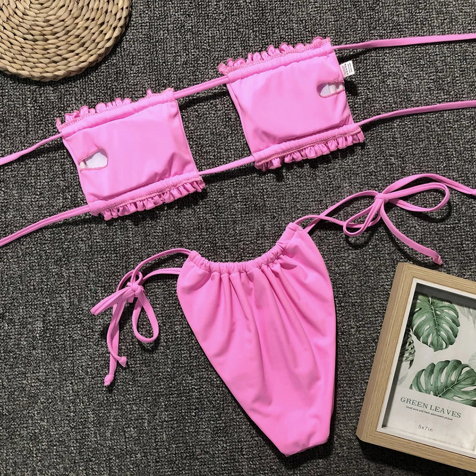 Sexy Bikini 2023 Pleated Bandeau Swimsuit Female Swimwear Women Mini Thong Bikini Set Bather Swimming Beachwea — view 22