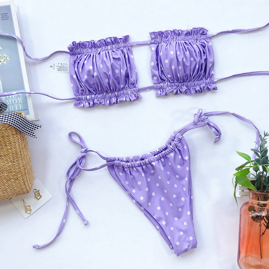 Sexy Bikini 2023 Pleated Bandeau Swimsuit Female Swimwear Women Mini Thong Bikini Set Bather Swimming Beachwea — view 24