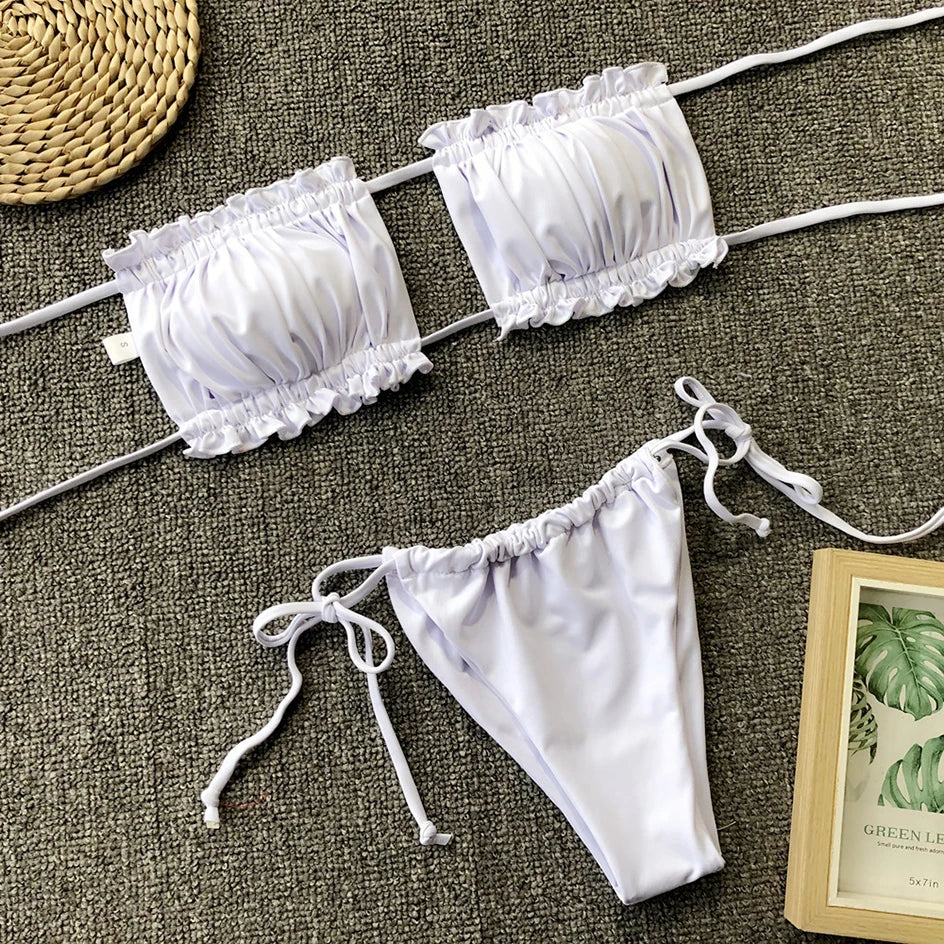 Sexy Bikini 2023 Pleated Bandeau Swimsuit Female Swimwear Women Mini Thong Bikini Set Bather Swimming Beachwea — view 19