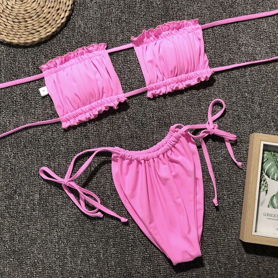 Sexy Bikini 2023 Pleated Bandeau Swimsuit Female Swimwear Women Mini Thong Bikini Set Bather Swimming Beachwea — view 21
