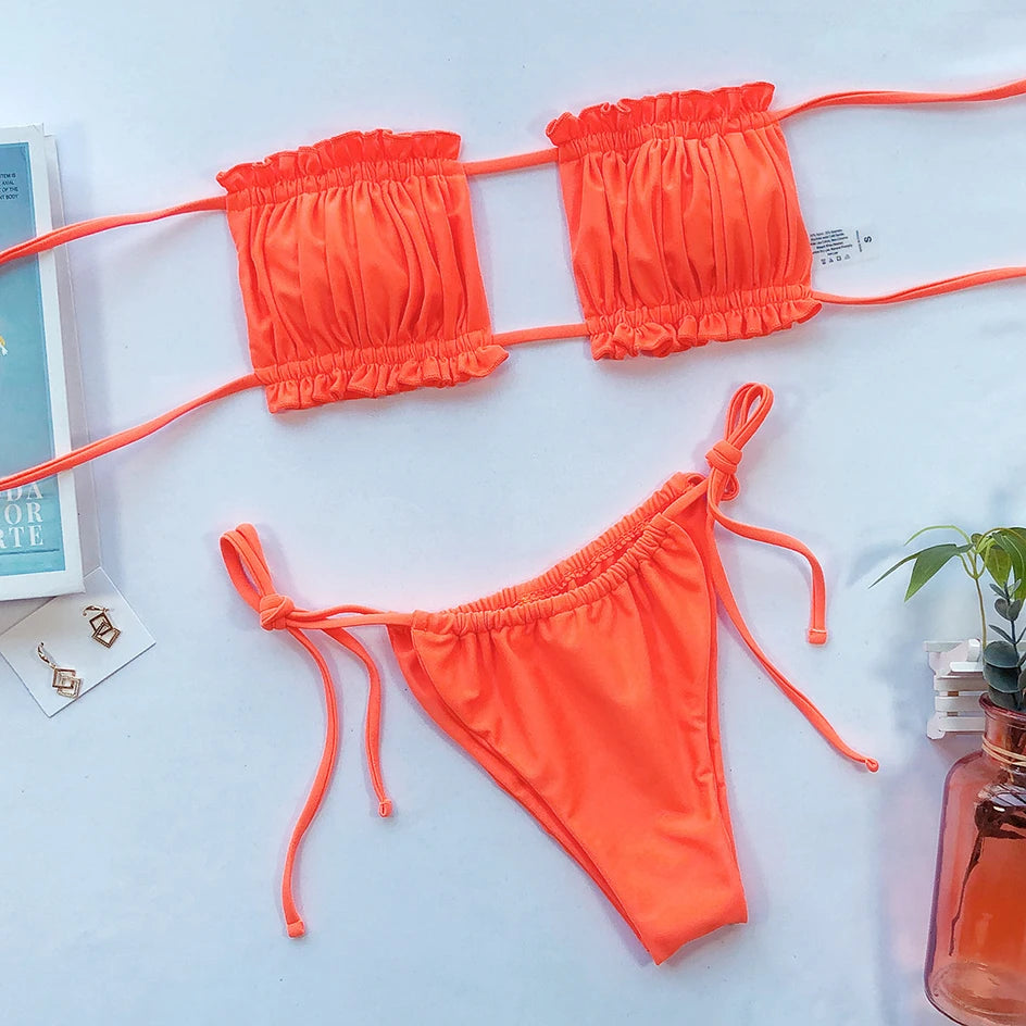 Sexy Bikini 2023 Pleated Bandeau Swimsuit Female Swimwear Women Mini Thong Bikini Set Bather Swimming Beachwea — view 27