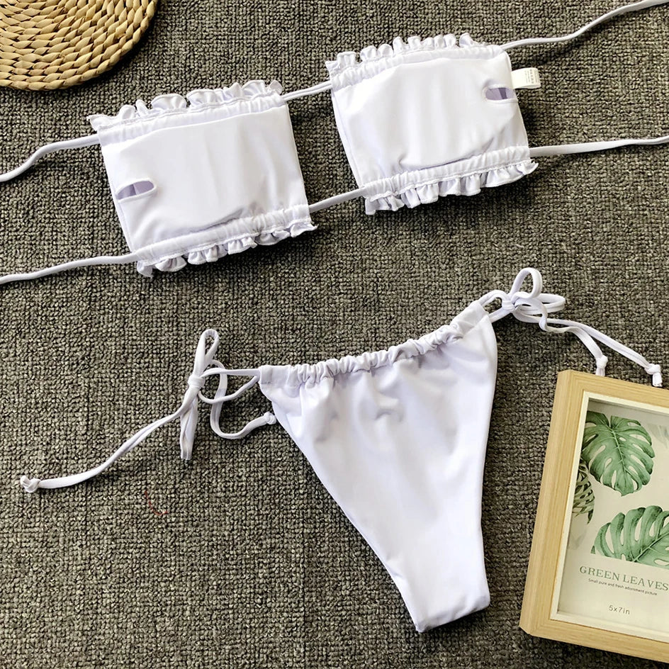 Sexy Bikini 2023 Pleated Bandeau Swimsuit Female Swimwear Women Mini Thong Bikini Set Bather Swimming Beachwea — view 20
