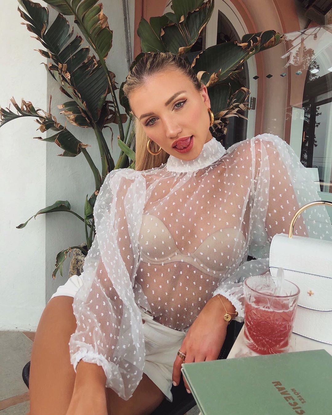 Summer Sexy Thin Mesh Women Polka Dot Sheer See-through Tops Bikini Cover-Ups Puff Long Sleeve Blouse Shirts B — view 14