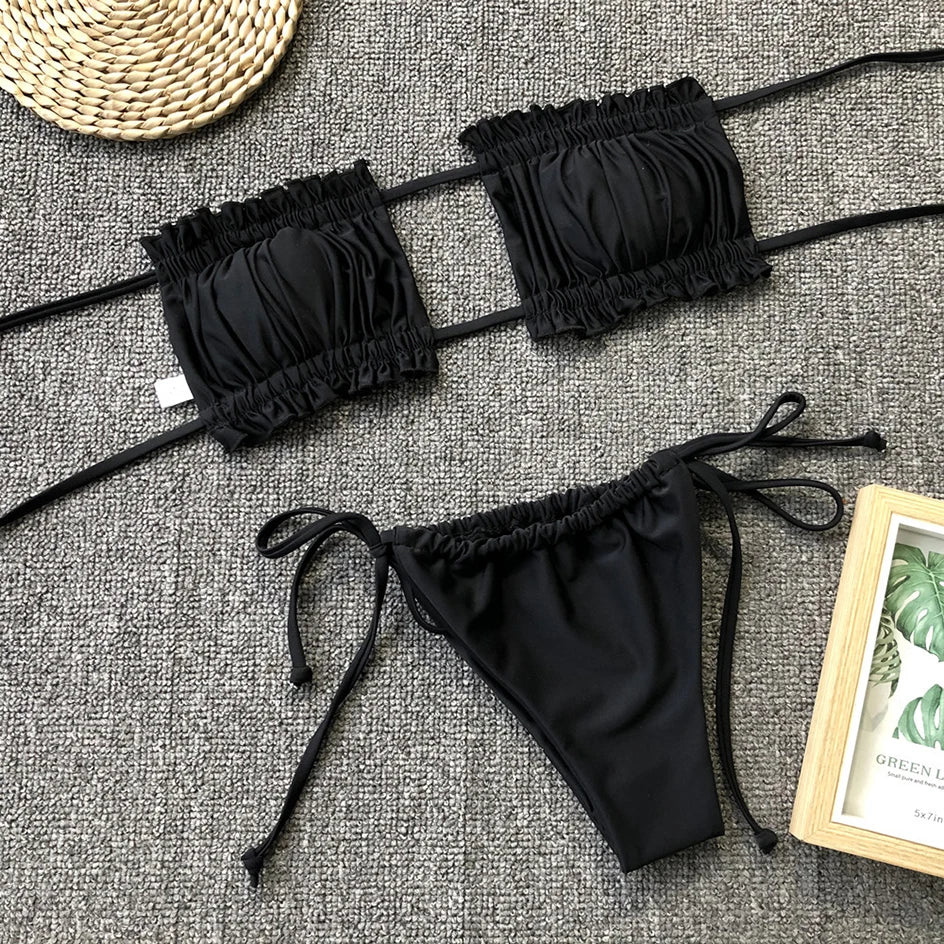 Sexy Bikini 2023 Pleated Bandeau Swimsuit Female Swimwear Women Mini Thong Bikini Set Bather Swimming Beachwea — view 16