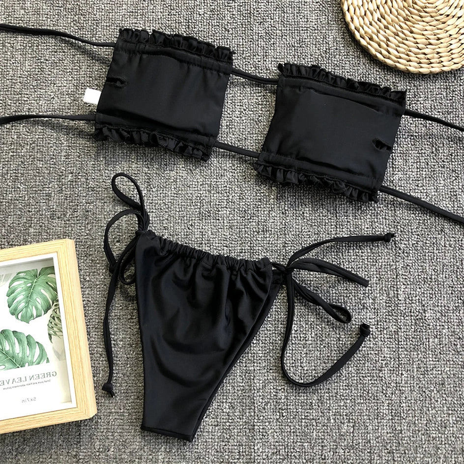 Sexy Bikini 2023 Pleated Bandeau Swimsuit Female Swimwear Women Mini Thong Bikini Set Bather Swimming Beachwea — view 17