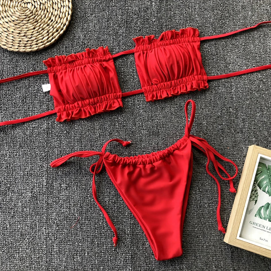 Sexy Bikini 2023 Pleated Bandeau Swimsuit Female Swimwear Women Mini Thong Bikini Set Bather Swimming Beachwea — view 13