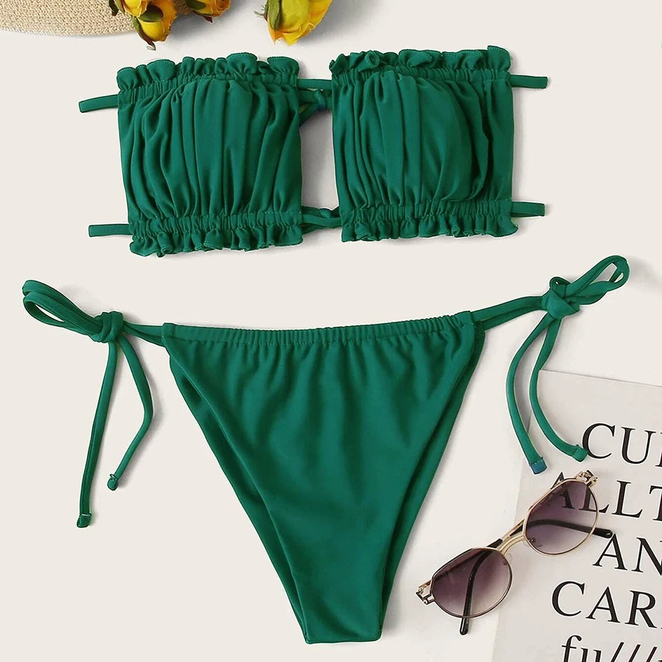 Sexy Bikini 2023 Pleated Bandeau Swimsuit Female Swimwear Women Mini Thong Bikini Set Bather Swimming Beachwea — view 9