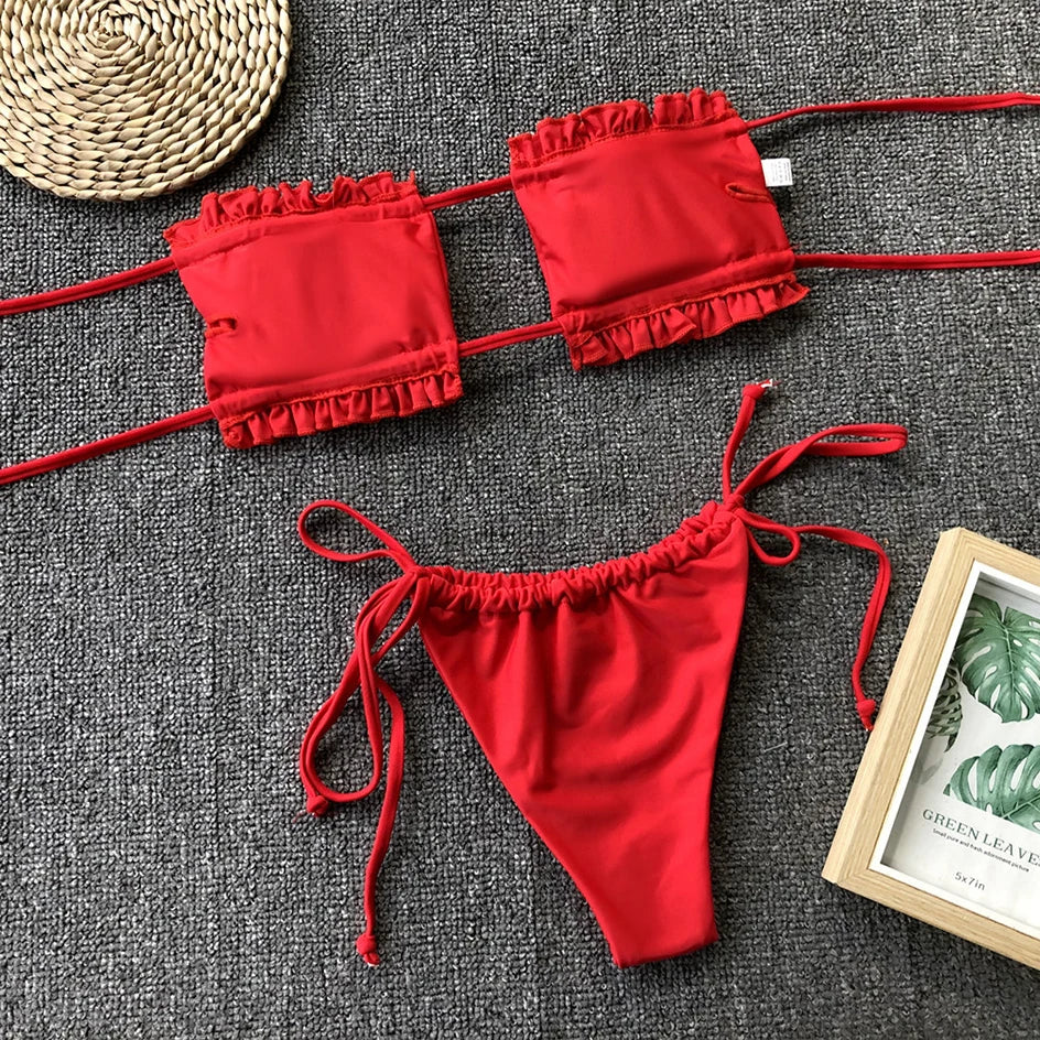 Sexy Bikini 2023 Pleated Bandeau Swimsuit Female Swimwear Women Mini Thong Bikini Set Bather Swimming Beachwea — view 14