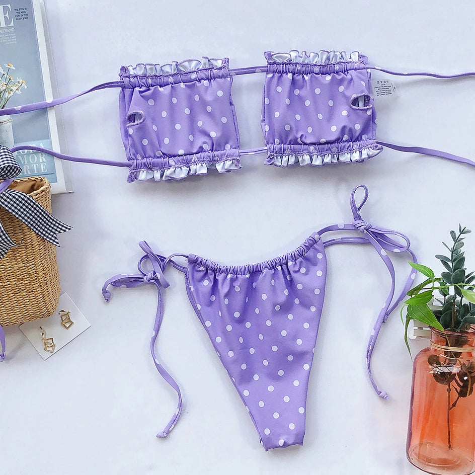 Sexy Bikini 2023 Pleated Bandeau Swimsuit Female Swimwear Women Mini Thong Bikini Set Bather Swimming Beachwea — view 25