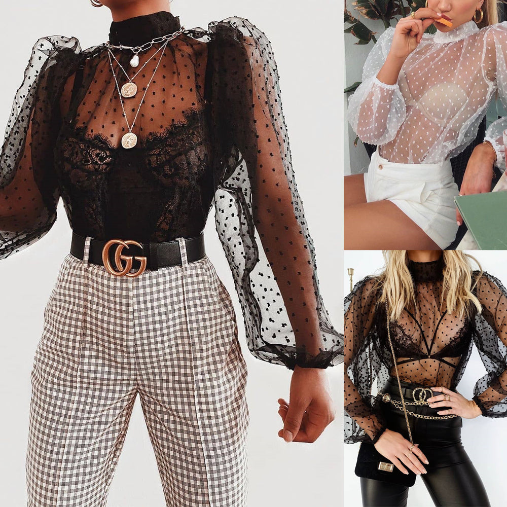 Summer Sexy Thin Mesh Women Polka Dot Sheer See-through Tops Bikini Cover-Ups Puff Long Sleeve Blouse Shirts B — view 4
