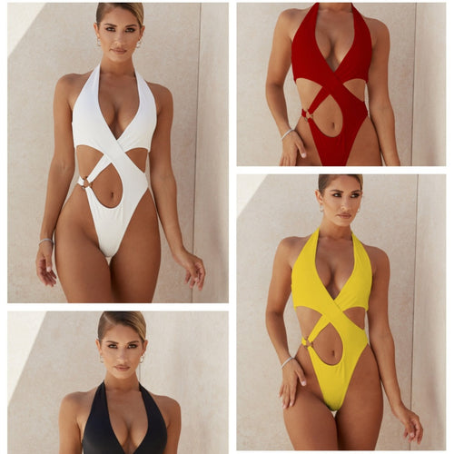 2024 AliExpress one-piece bikini tight cross hollow European and American cross-border neck three-point bikini — view 1