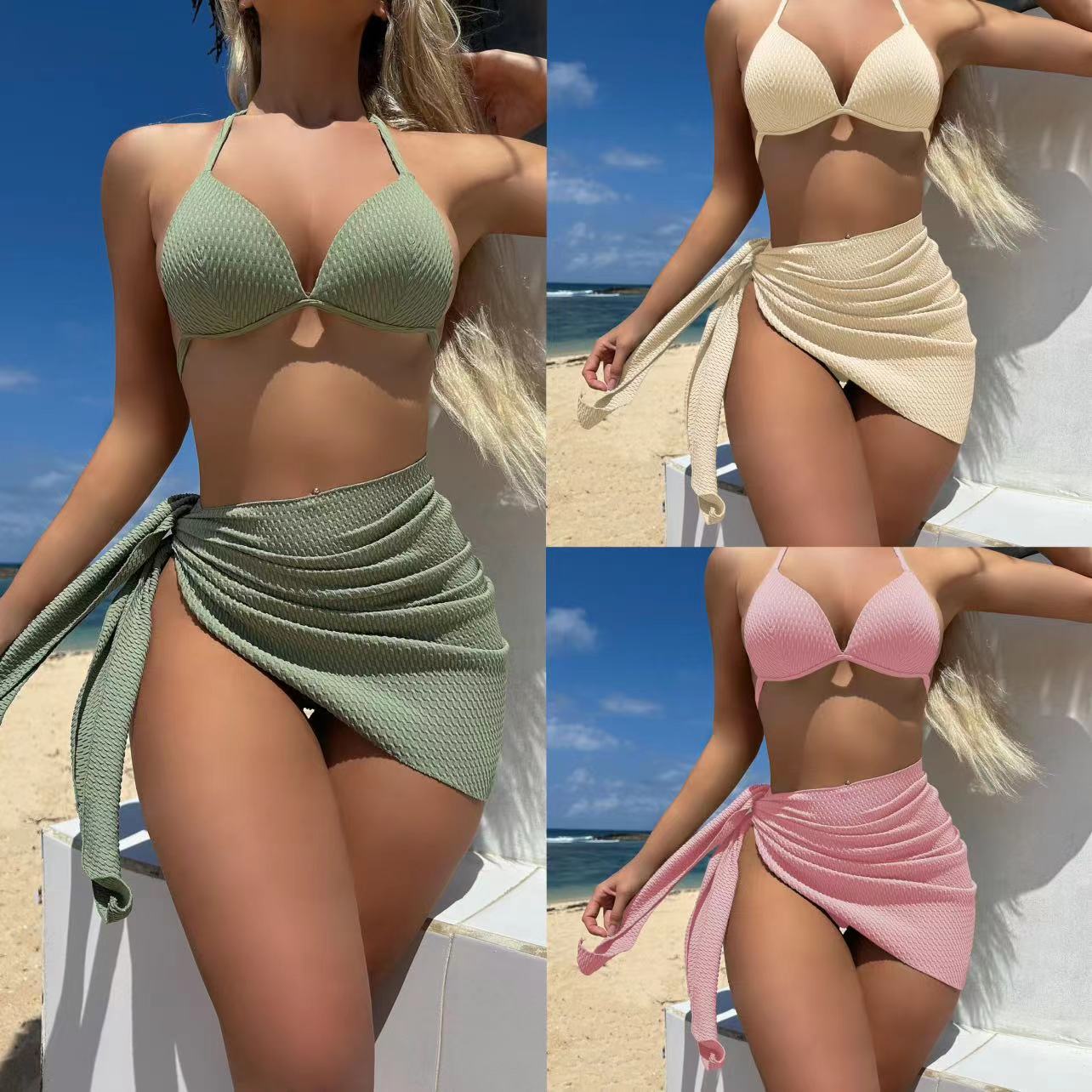2025 European and American New Special Fabric High-Waist Sexy Sexy Swimsuit Bikini Three-Piece Swimsuit Swimsu — view 1