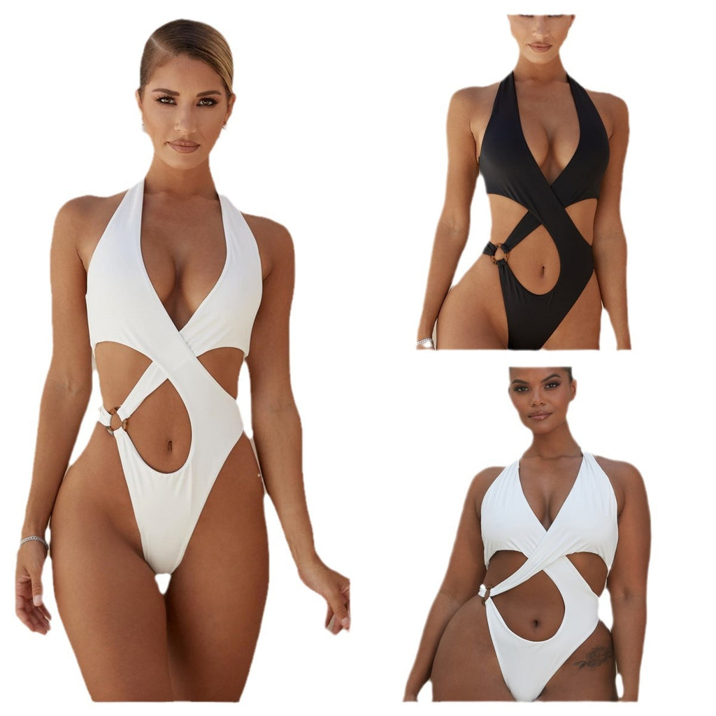 2024 AliExpress one-piece bikini tight cross hollow European and American cross-border neck three-point bikini — view 5