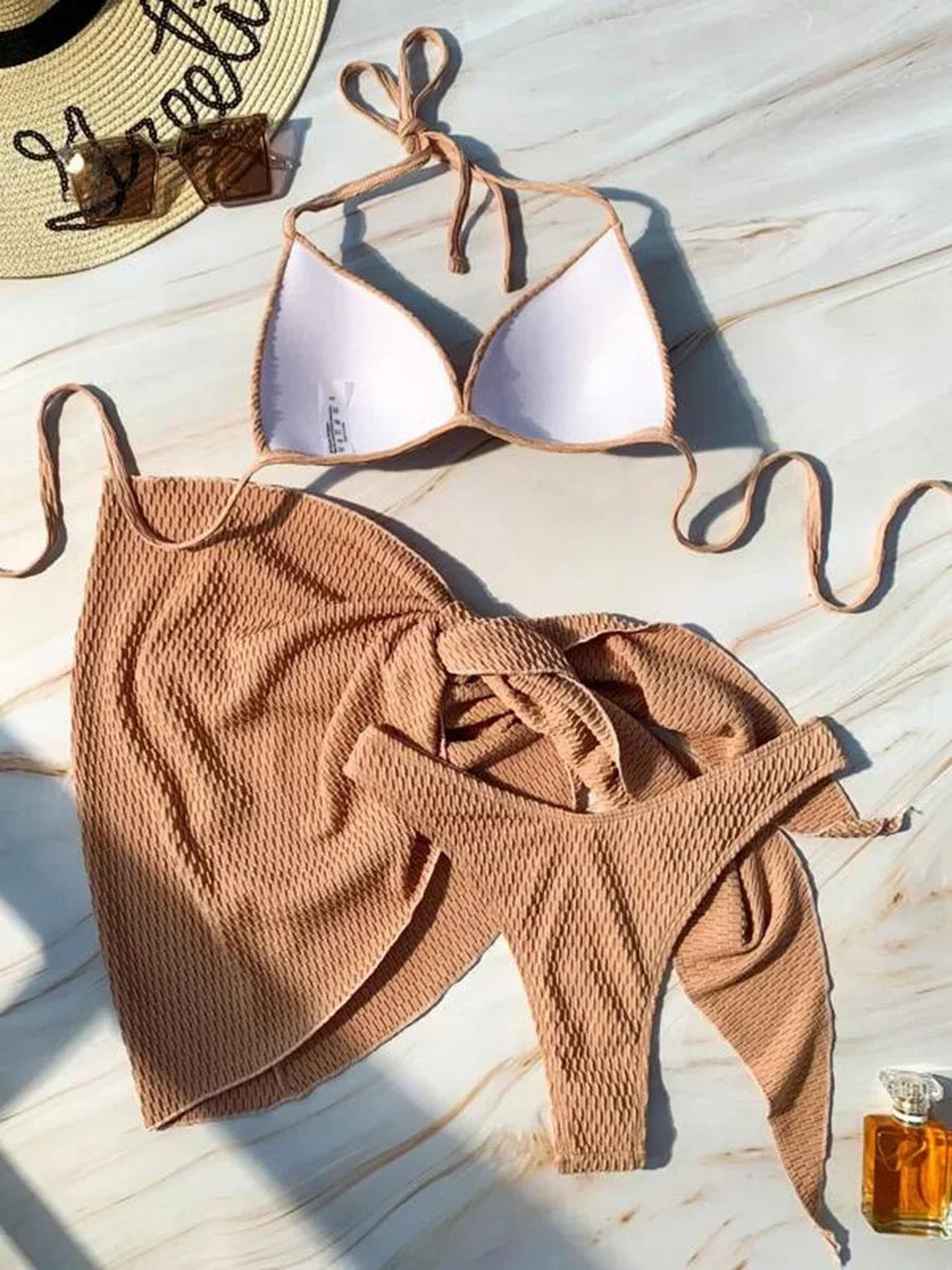 With Skirt Wrinkled Bra Cup Bikini Female Swimsuit Women Swimwear Three-pieces Bikini Set Push Up Bathing Suit — view 3