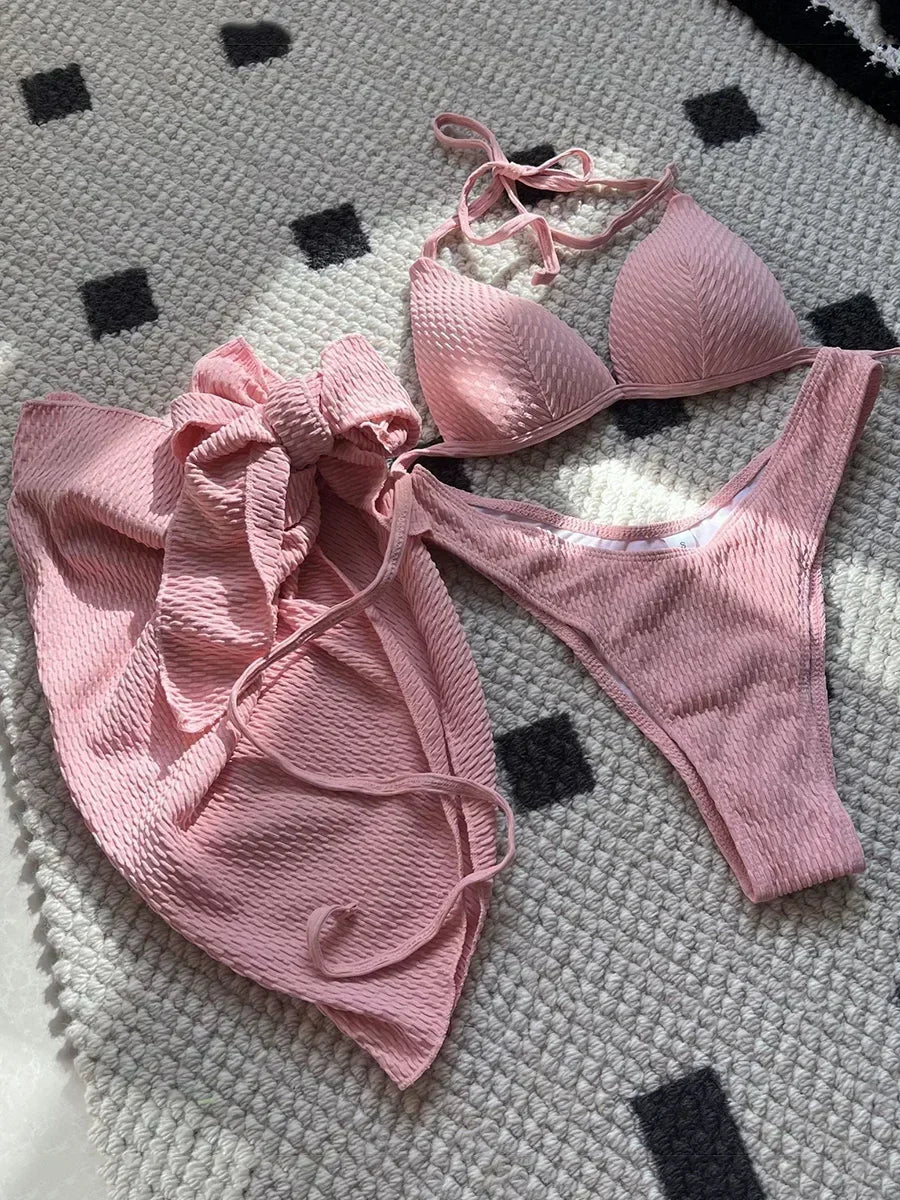 With Skirt Wrinkled Bra Cup Bikini Female Swimsuit Women Swimwear Three-pieces Bikini Set Push Up Bathing Suit — view 37