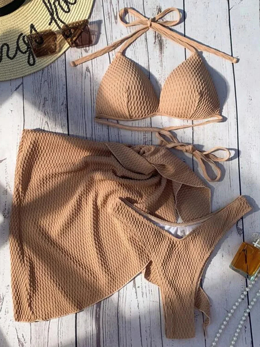 With Skirt Wrinkled Bra Cup Bikini Female Swimsuit Women Swimwear Three-pieces Bikini Set Push Up Bathing Suit — view 16