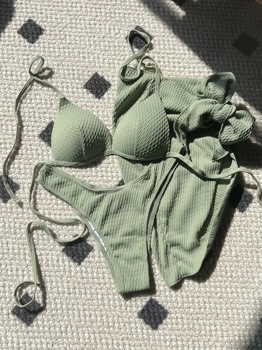 With Skirt Wrinkled Bra Cup Bikini Female Swimsuit Women Swimwear Three-pieces Bikini Set Push Up Bathing Suit — view 4