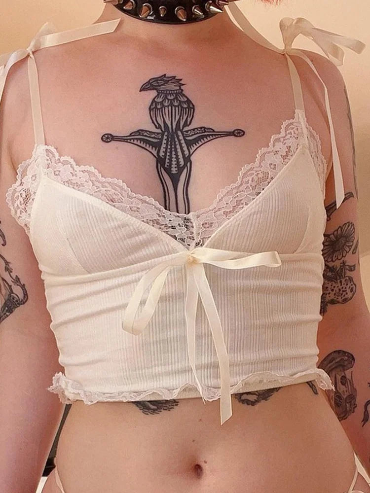 Lace Trim Crop Top Aesthetic White Bow Cute Sweet Mini Vest Knitted Basic Casual Tee Women Summer Backless Bea — view 6