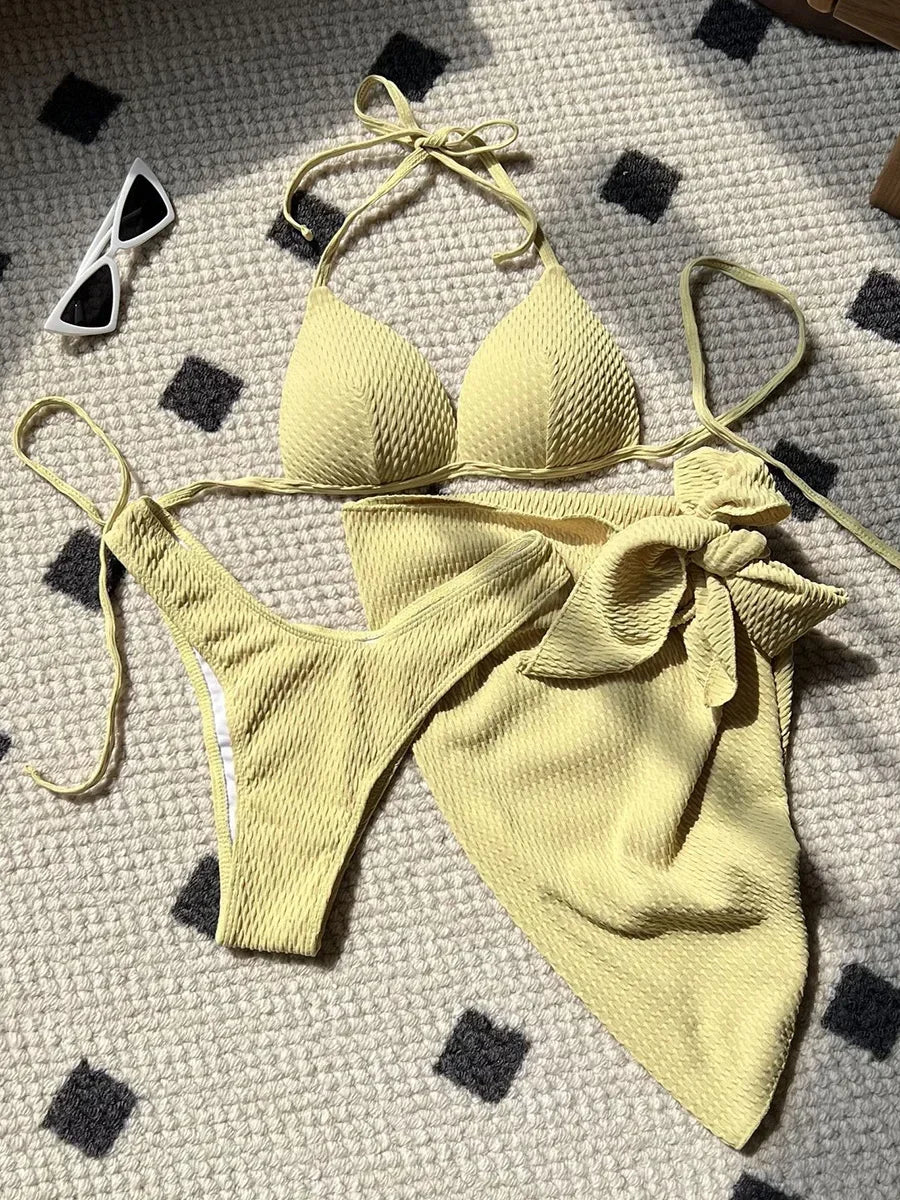 With Skirt Wrinkled Bra Cup Bikini Female Swimsuit Women Swimwear Three-pieces Bikini Set Push Up Bathing Suit — view 35