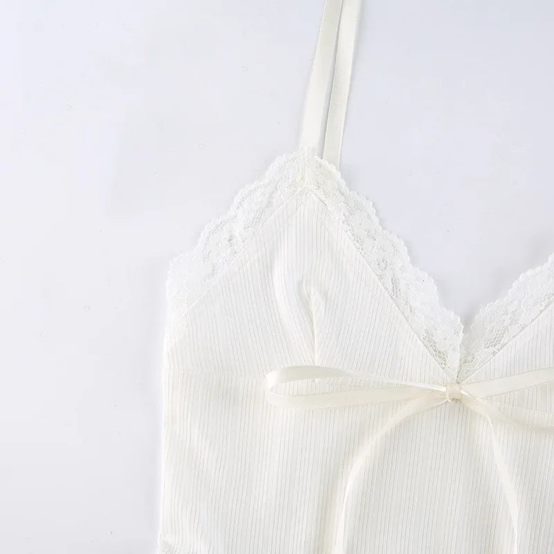Lace Trim Crop Top Aesthetic White Bow Cute Sweet Mini Vest Knitted Basic Casual Tee Women Summer Backless Bea — view 19