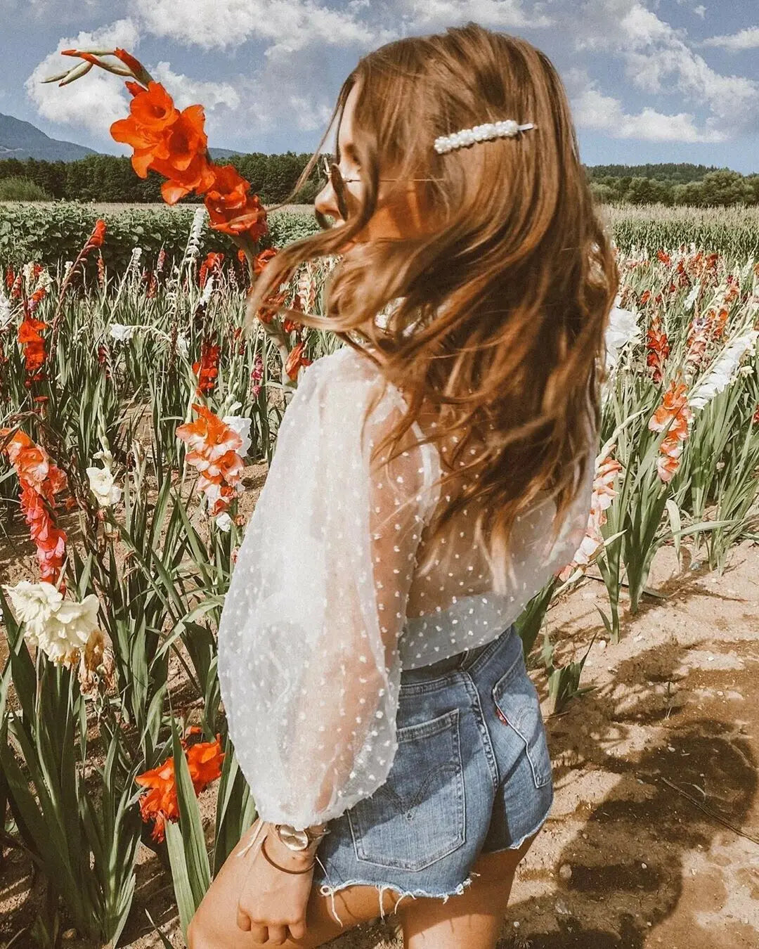 Summer Sexy Thin Mesh Women Polka Dot Sheer See-through Tops Bikini Cover-Ups Puff Long Sleeve Blouse Shirts B — view 1