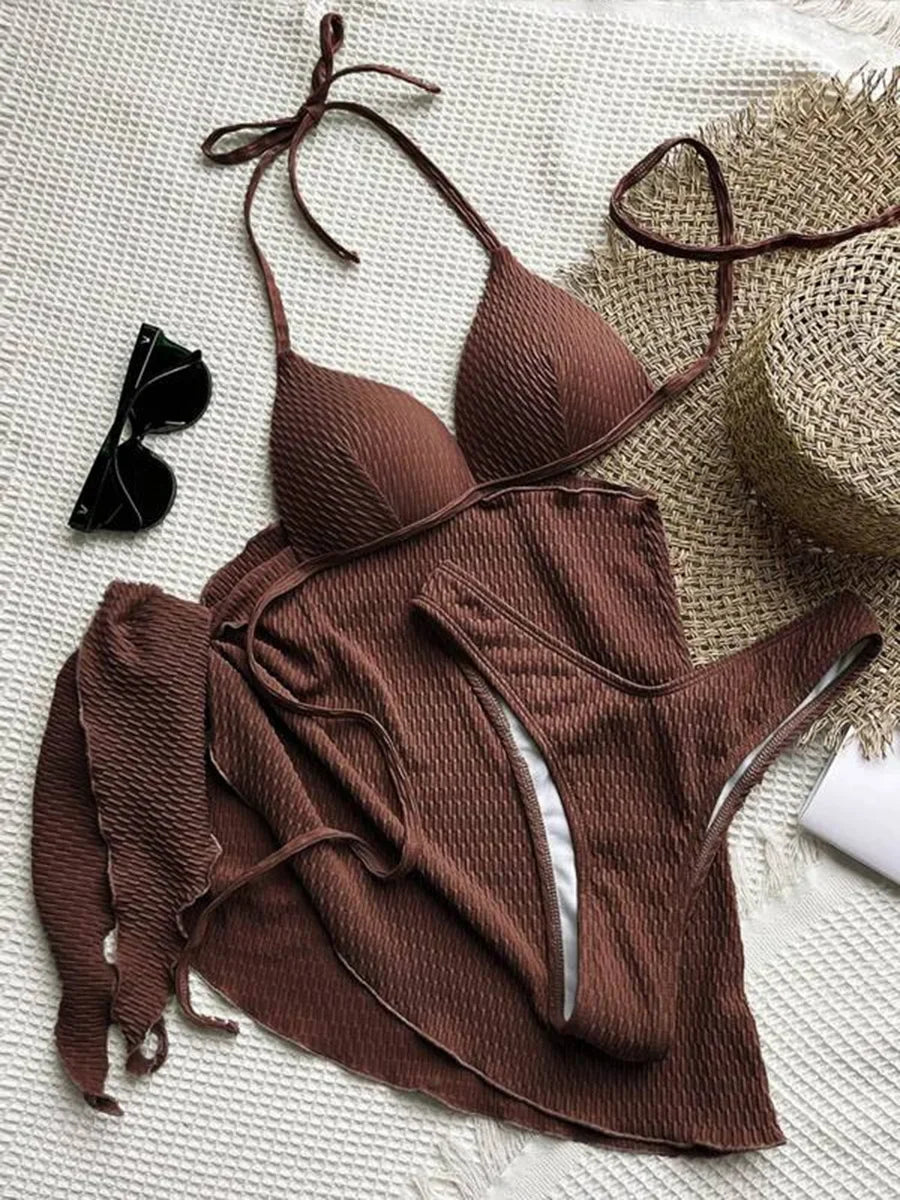 With Skirt Wrinkled Bra Cup Bikini Female Swimsuit Women Swimwear Three-pieces Bikini Set Push Up Bathing Suit — view 19