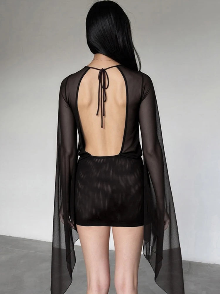 kliou Mesh Irregular Women Mini Dress Sexy See Through Chic Long Sleeve Deep Low Neck Bandage Slim Vestidos Mu — view 3