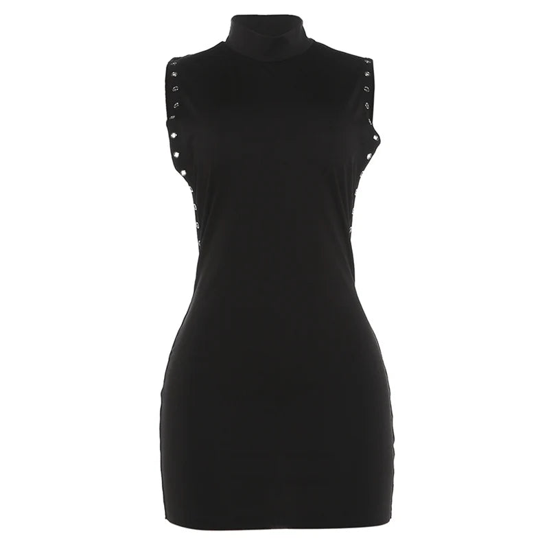 Kliou Side Hollow Design Dress Woman Turtleneck Sleeveless Metal Rings Decoration Skinny Peach Hip Midnight Cl — view 8