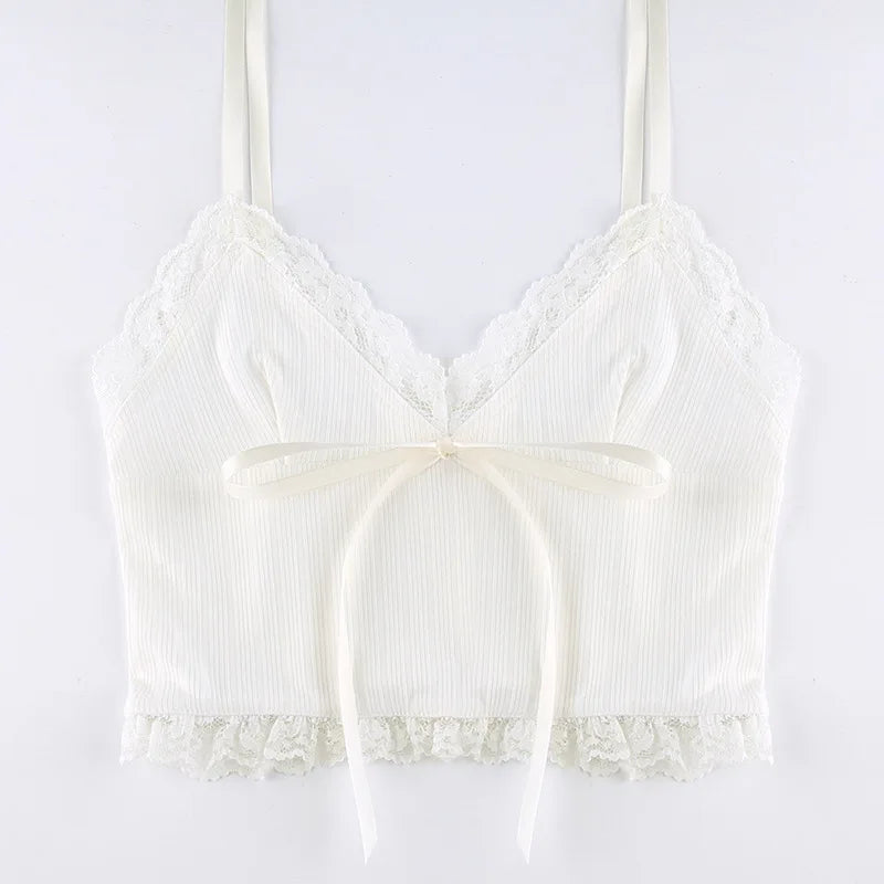 Lace Trim Crop Top Aesthetic White Bow Cute Sweet Mini Vest Knitted Basic Casual Tee Women Summer Backless Bea — view 18