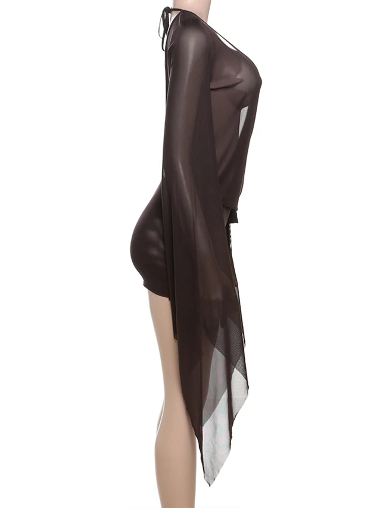kliou Mesh Irregular Women Mini Dress Sexy See Through Chic Long Sleeve Deep Low Neck Bandage Slim Vestidos Mu — view 9