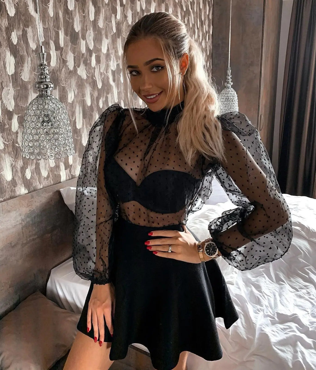 Summer Sexy Thin Mesh Women Polka Dot Sheer See-through Tops Bikini Cover-Ups Puff Long Sleeve Blouse Shirts B — view 2