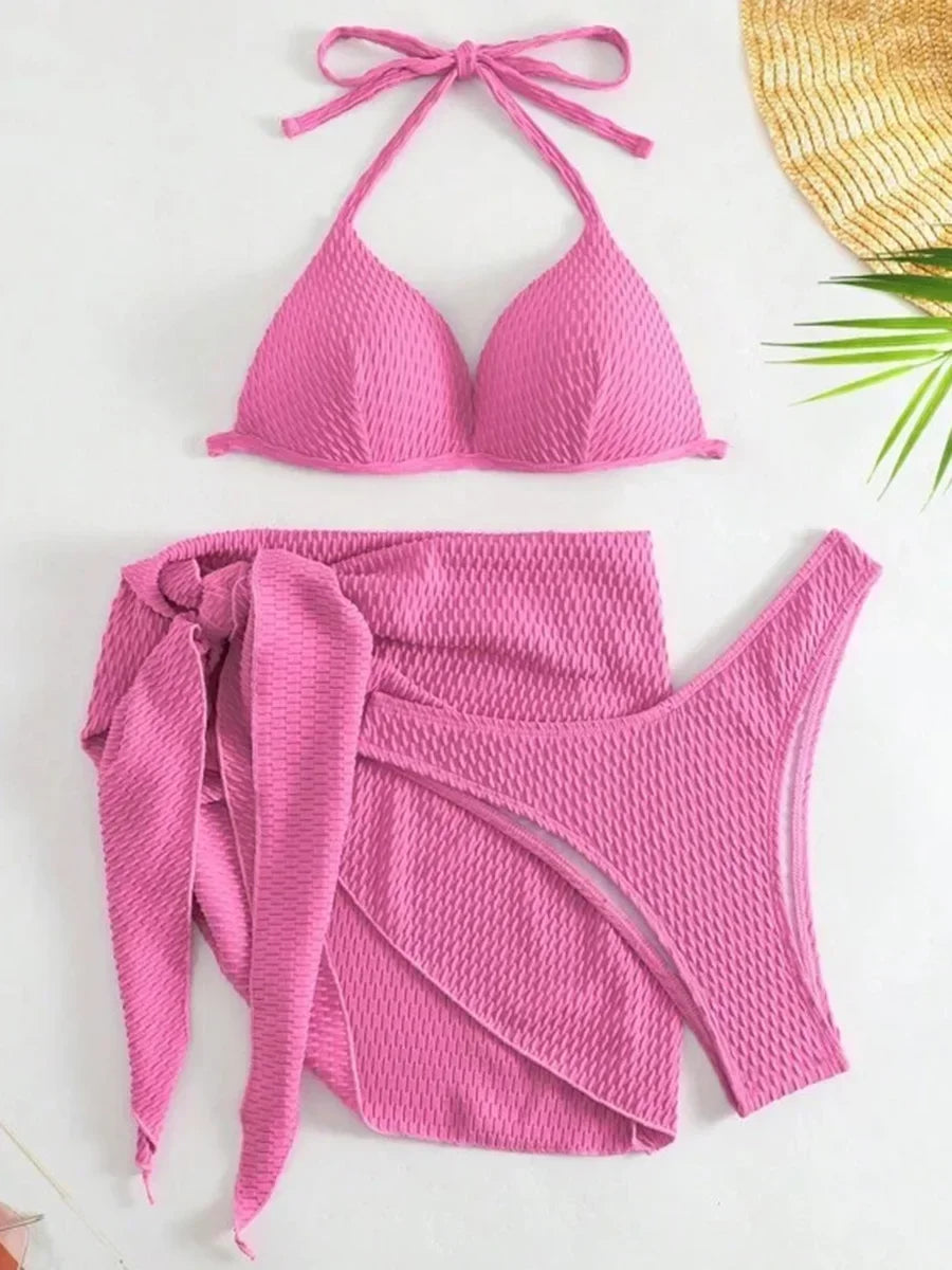 With Skirt Wrinkled Bra Cup Bikini Female Swimsuit Women Swimwear Three-pieces Bikini Set Push Up Bathing Suit — view 31