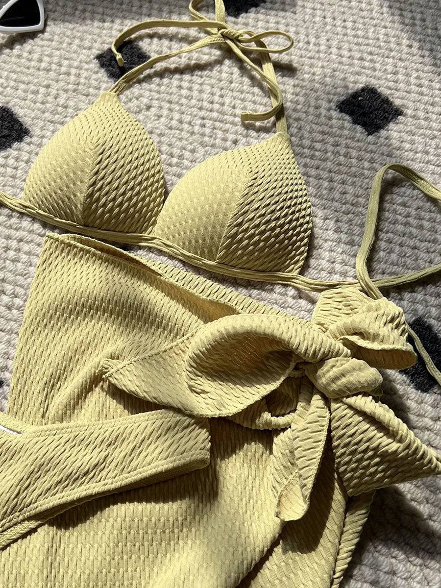 With Skirt Wrinkled Bra Cup Bikini Female Swimsuit Women Swimwear Three-pieces Bikini Set Push Up Bathing Suit — view 24