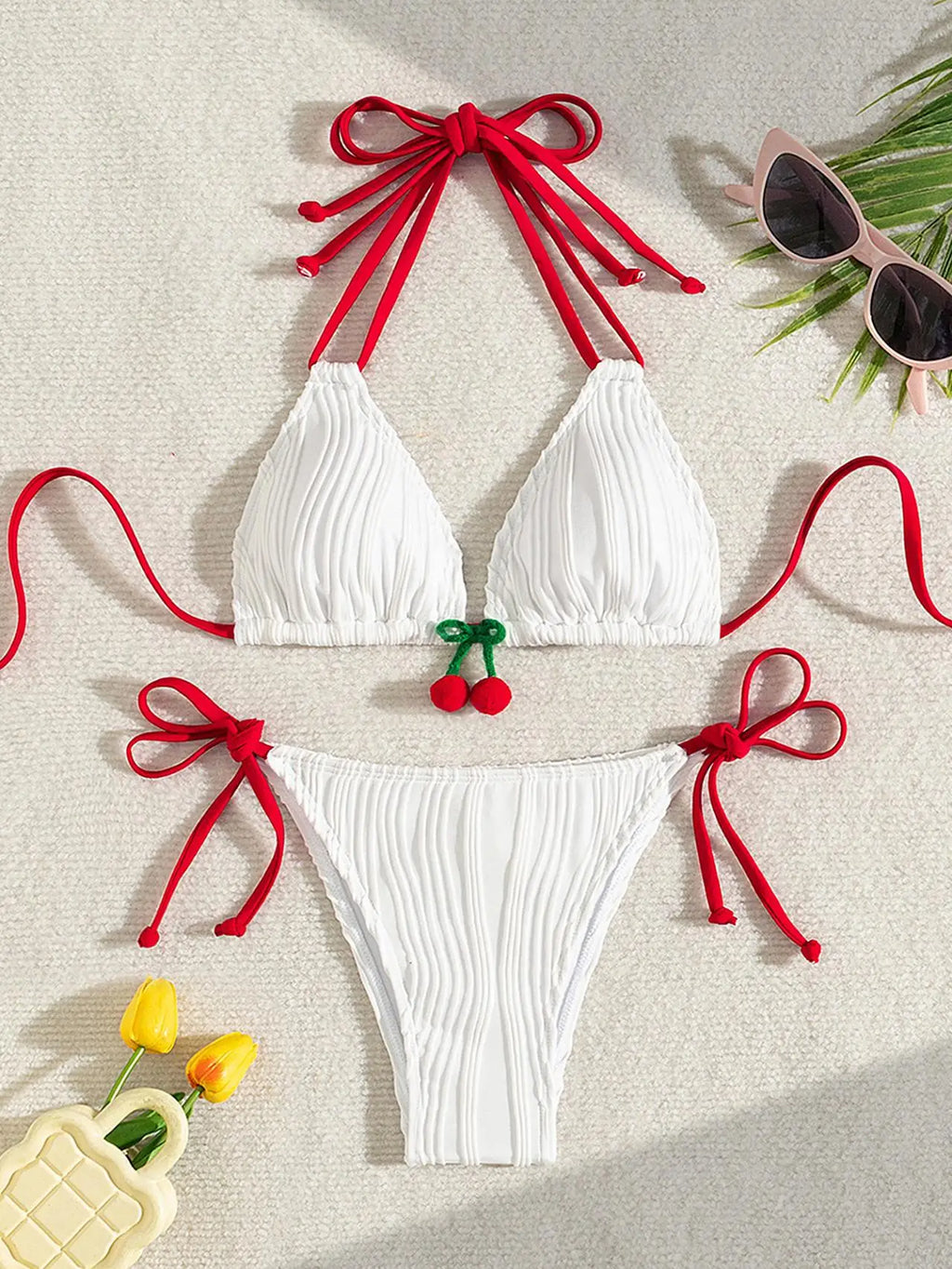 Sexy White Cherry Bikini Set 2025 Women Red Strap Contrast Ribbed Push Up Micro Swimwear Brazilian Beach Bathi — view 7