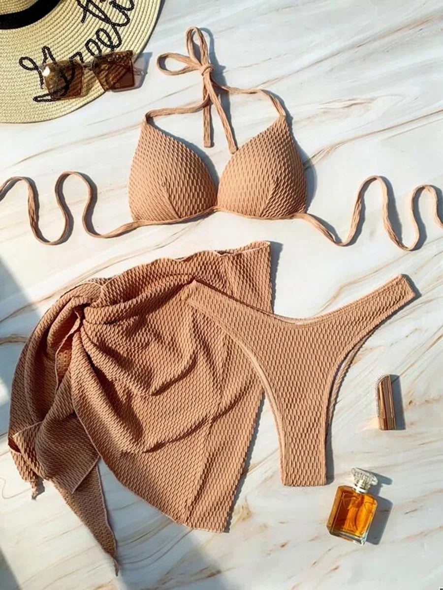 With Skirt Wrinkled Bra Cup Bikini Female Swimsuit Women Swimwear Three-pieces Bikini Set Push Up Bathing Suit — view 15
