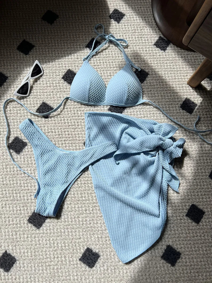 With Skirt Wrinkled Bra Cup Bikini Female Swimsuit Women Swimwear Three-pieces Bikini Set Push Up Bathing Suit — view 25