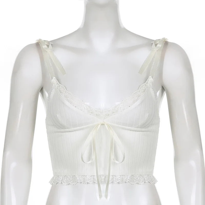 Lace Trim Crop Top Aesthetic White Bow Cute Sweet Mini Vest Knitted Basic Casual Tee Women Summer Backless Bea — view 17