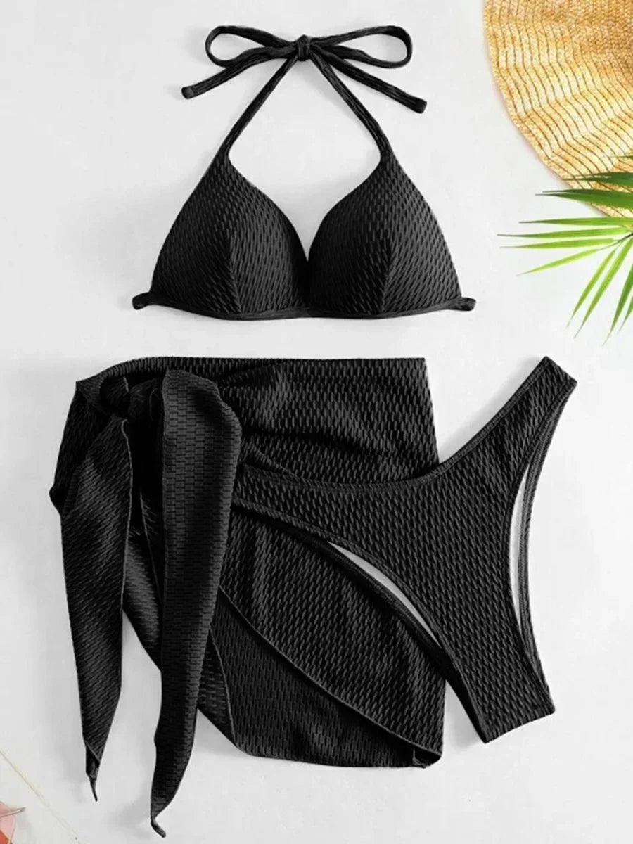 With Skirt Wrinkled Bra Cup Bikini Female Swimsuit Women Swimwear Three-pieces Bikini Set Push Up Bathing Suit — view 38
