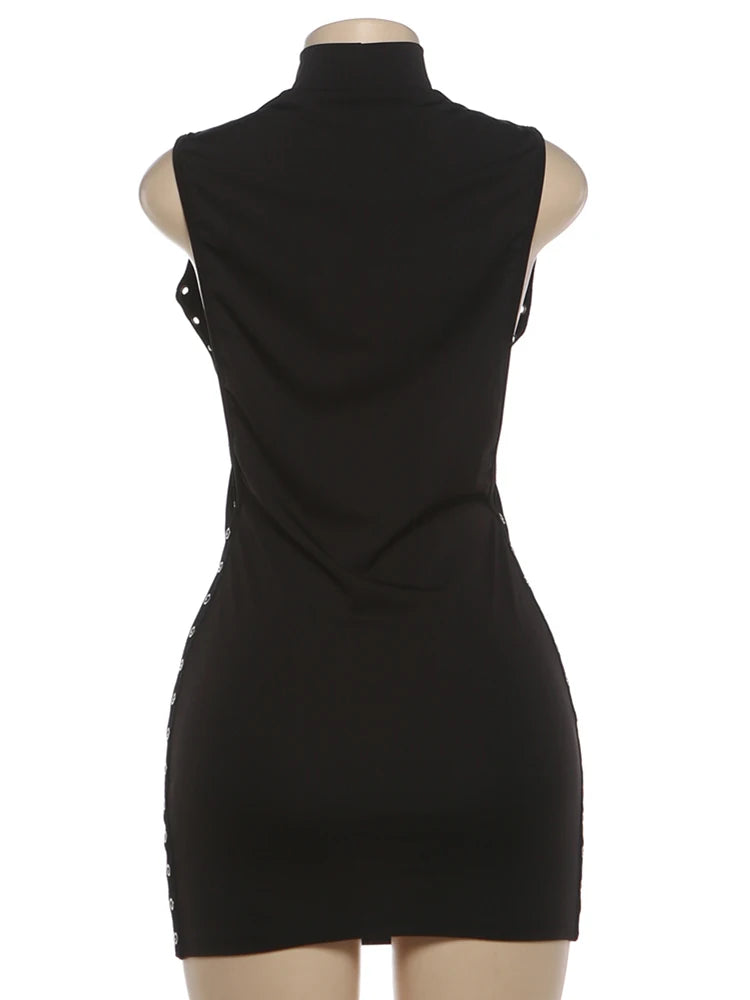 Kliou Side Hollow Design Dress Woman Turtleneck Sleeveless Metal Rings Decoration Skinny Peach Hip Midnight Cl — view 9