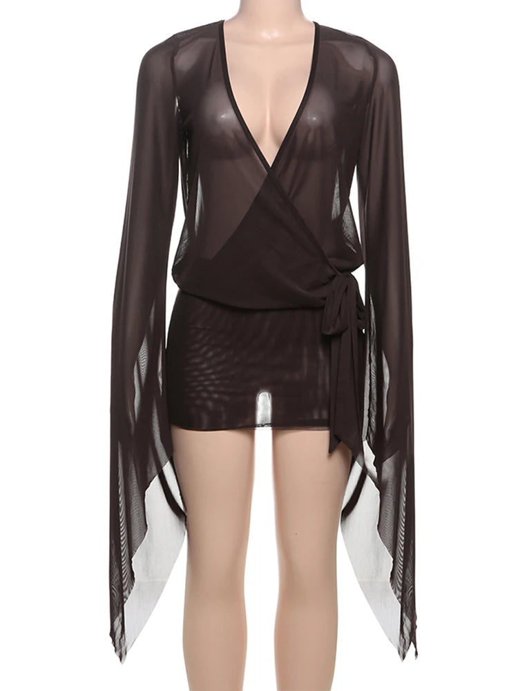 kliou Mesh Irregular Women Mini Dress Sexy See Through Chic Long Sleeve Deep Low Neck Bandage Slim Vestidos Mu — view 8