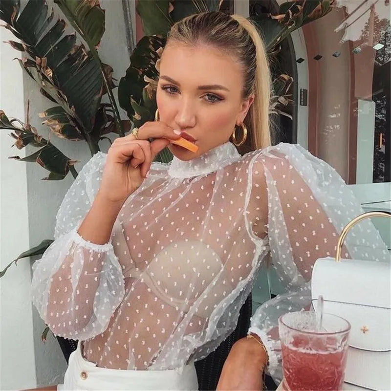 Summer Sexy Thin Mesh Women Polka Dot Sheer See-through Tops Bikini Cover-Ups Puff Long Sleeve Blouse Shirts B — view 1