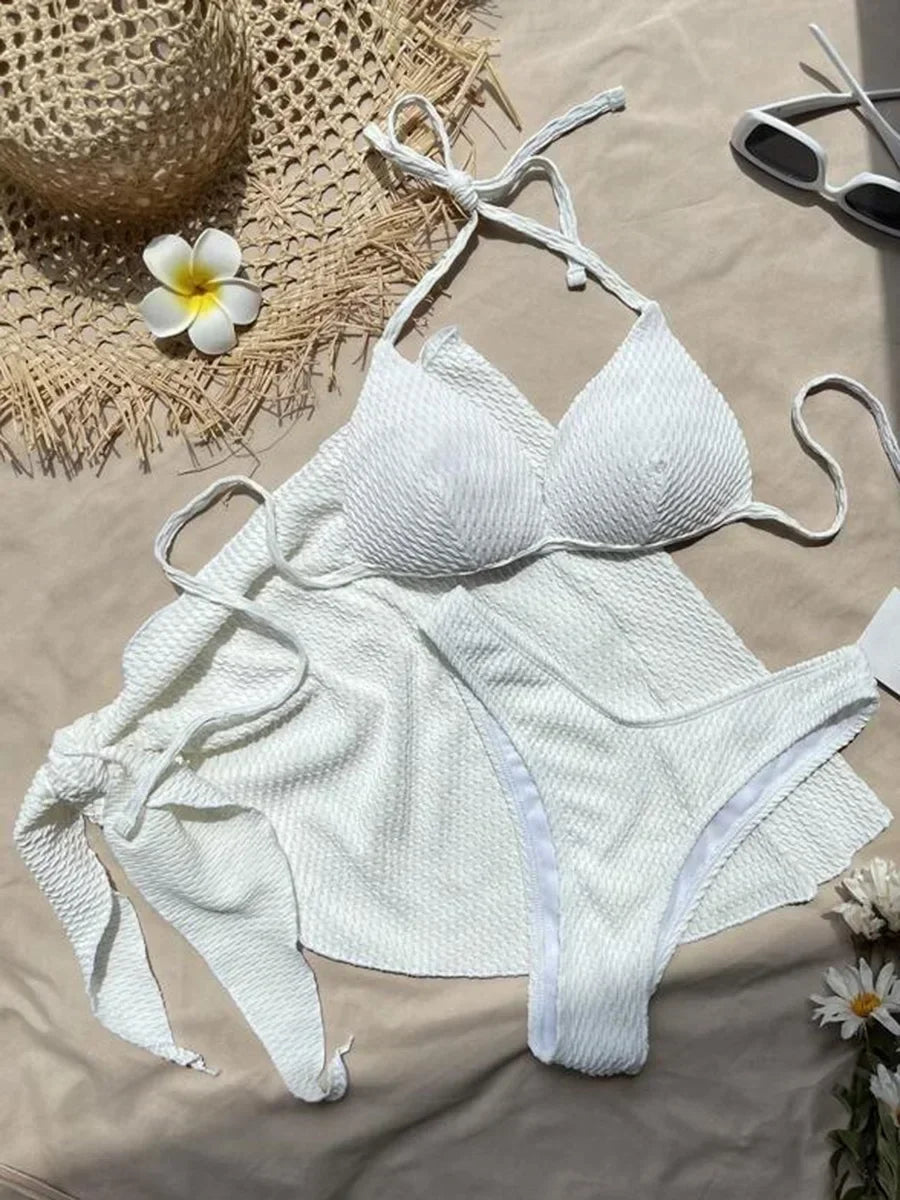 With Skirt Wrinkled Bra Cup Bikini Female Swimsuit Women Swimwear Three-pieces Bikini Set Push Up Bathing Suit — view 39