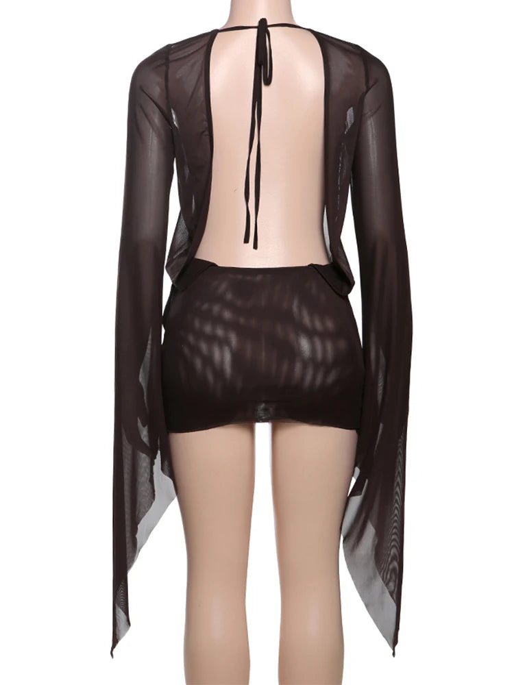 kliou Mesh Irregular Women Mini Dress Sexy See Through Chic Long Sleeve Deep Low Neck Bandage Slim Vestidos Mu — view 10