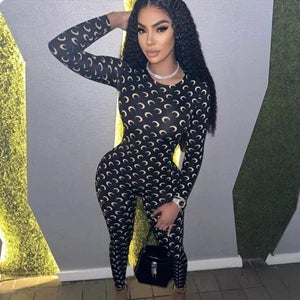 Womens Jumpsuit American Retro Slim Fit Sexy Moon Print Long Sleeve Round Neck Tight Fitting Leggings Versatil — view 10