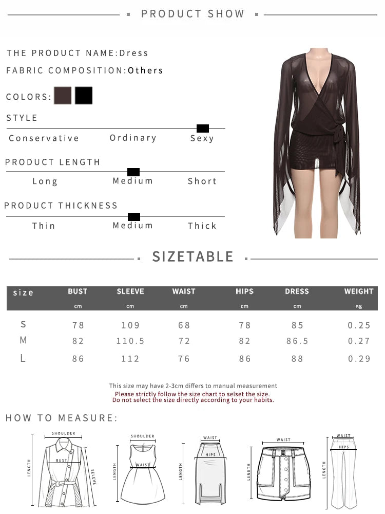 kliou Mesh Irregular Women Mini Dress Sexy See Through Chic Long Sleeve Deep Low Neck Bandage Slim Vestidos Mu — view 7